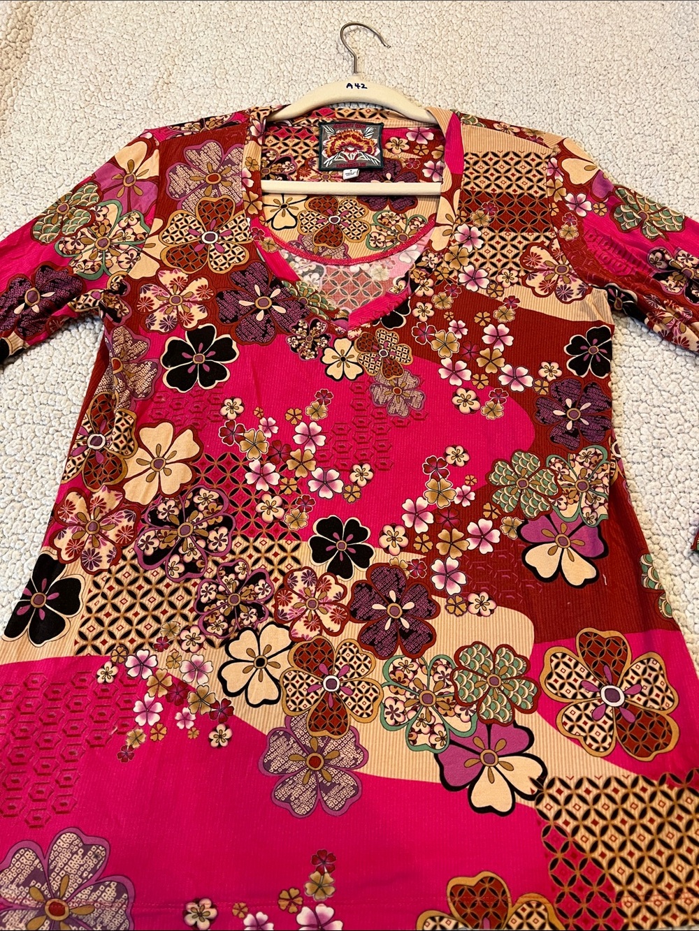 Johnny Was Pink Floral Patchwork V-Neck Tunic
